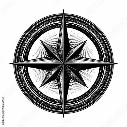 Vintage compass rose illustration with detailed spokes and circular border.