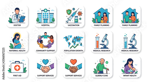Medical icons illustrate various healthcare and wellness services provided globally.