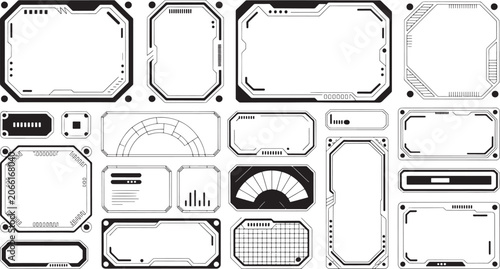 Set of diverse futuristic interface frames and HUD with geometric patterns and digital display for sci-fi applications and technology concepts