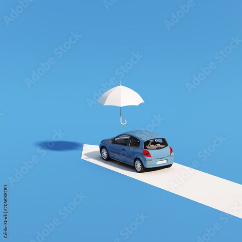 Blue compact car protected by a white umbrella on a road, car insurance and vehicle safety concept, 3d rendering.