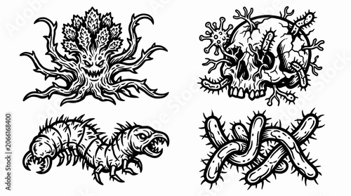 Tableau sur toile Horror Creatures: Monster Tree, Skull, Worm, Bacteria