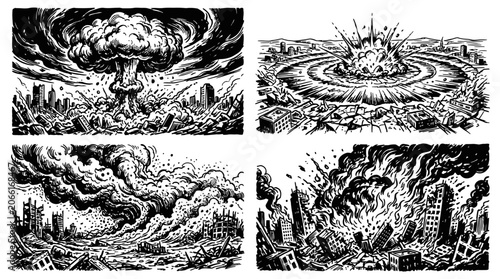 Bild auf Leinwand Nuclear Bomb Explosion and City Destruction - Four Panels