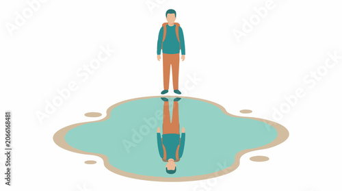 Billede på lærred Illustration of person with backpack looking at reflection in a puddle