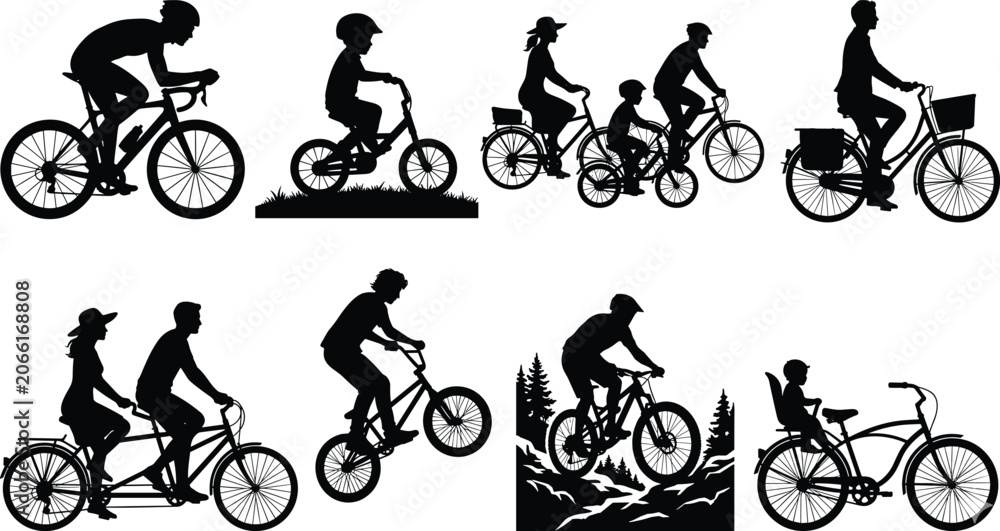 Fototapeta premium Black Cyclist Silhouettes Set with Diverse People Riding Bikes Families Children Couples and Mountain Bicyclists