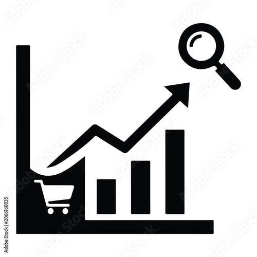 Ecommerce analytics chart with shopping cart, magnifying glass, and growing graph