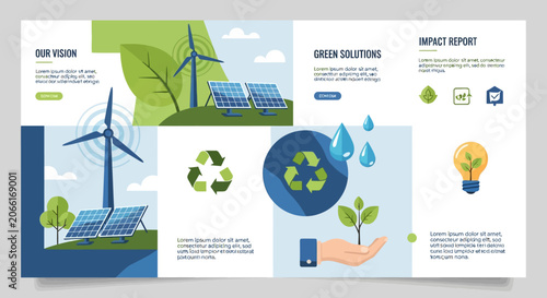 Eco friendly infographic template, green solutions vector, sustainability icons, environmental report design