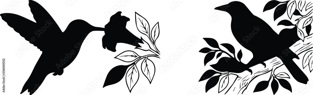 Obraz premium Black bird silhouette collection, hummingbird feeding on flower vector, songbird perched on tree branch, minimalist nature wildlife icons