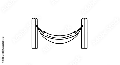 Simple outline drawing of a hammock suspended between two posts, isolated on white background.