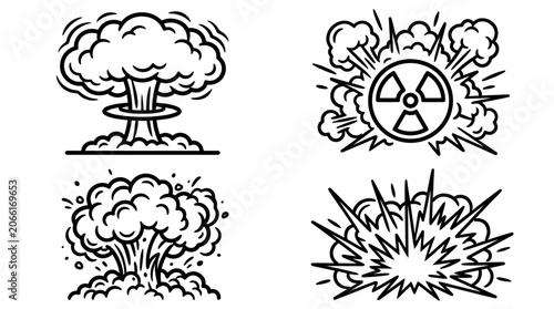 Foto Explosion Icons: Mushroom Cloud, Radiation Symbol, Blast Effects