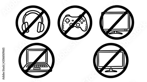 No electronics symbols: headphones, gamepad, monitor, laptop
