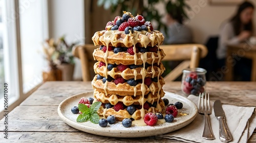 Delicious Stack of Waffles with Mixed Berries and White Chocolate Drizzle on a Wooden Table.