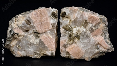 Split pegmatite rock specimen showing large interlocking crystals.