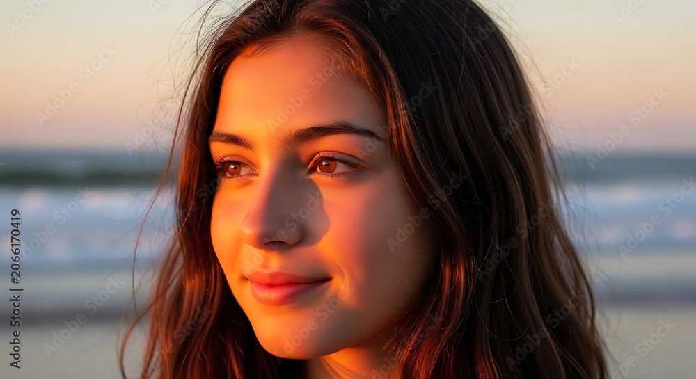 Fototapeta premium A close-up portrait of a young woman with long brown hair standing on a beach at sunset