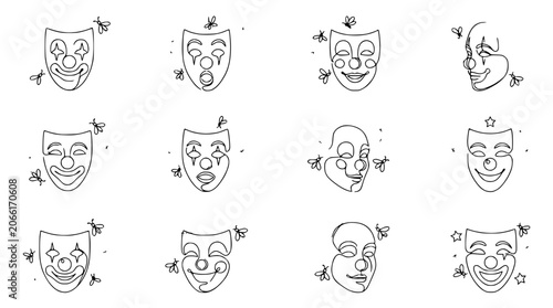 Theater Masks Collection: Comedy and Tragedy Faces with Flying Insects
