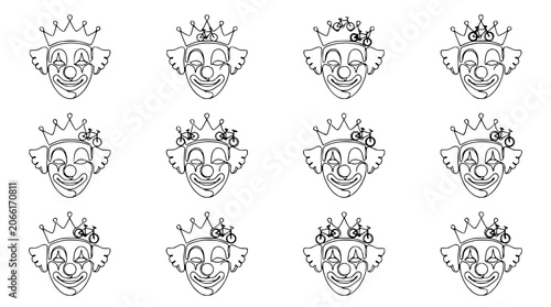 Fotografie Funny Clown Face Pattern, Minimalist Line Art with Bicycle Crown