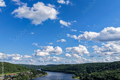 Aerial view of Deep Creek Lake surrounded by forest in western Maryland