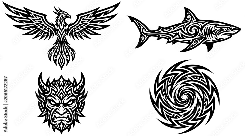 Obraz premium Tribal Tattoo Designs: Phoenix, Shark, Monster, Spiral