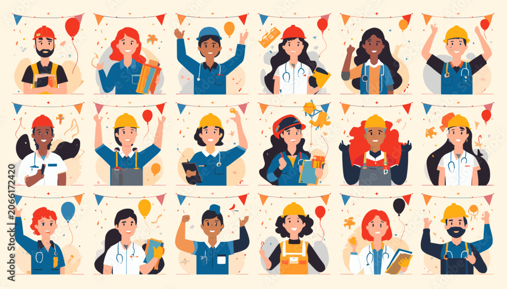 Fototapeta premium A vibrant collection of diverse professionals celebrating various occupations with festive decorations and cheerful expressions.
