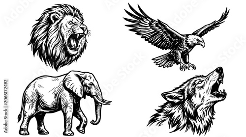 Photography Majestic Wild Animals Set: Lion, Eagle, Elephant, Wolf - Sketch Style