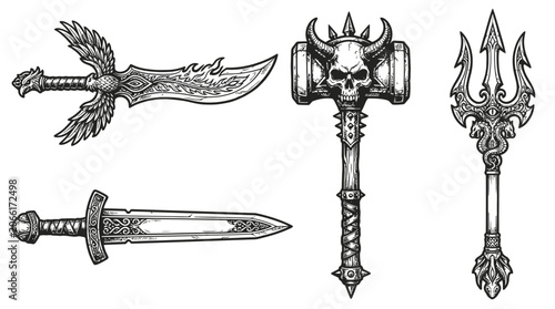 Fényképezés Fantasy Weapons: Sword, Hammer, Trident, Dagger - Engraved Illustration