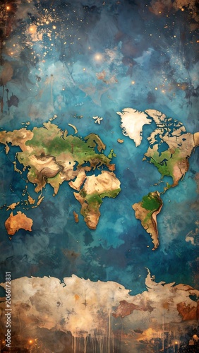 World map, stylized, with atmospheric effects