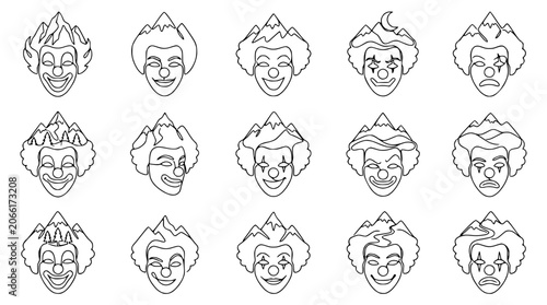 Fotografie Funny Clown Faces with Mountain Hairline - Diverse Emotions