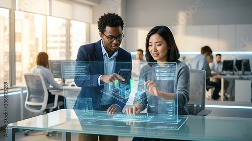 Diverse Business Professionals Interacting with Futuristic Holographic Interface in Modern Office.