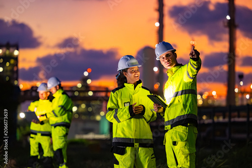 Industrial Team Reviewing Plans at Night Refinery