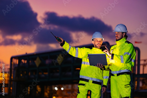 Engineers Discussing Work at Illuminated Refinery Site