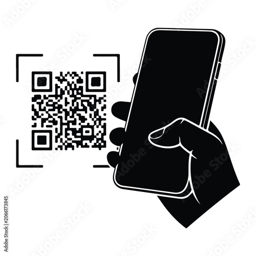 Hand holding smartphone scanning qr code, black and white