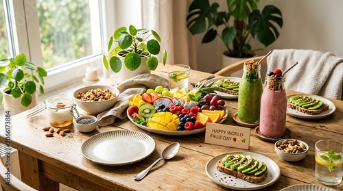 Vibrant Healthy Breakfast Spread with Fresh Fruits and Smoothies on a Wooden Table.