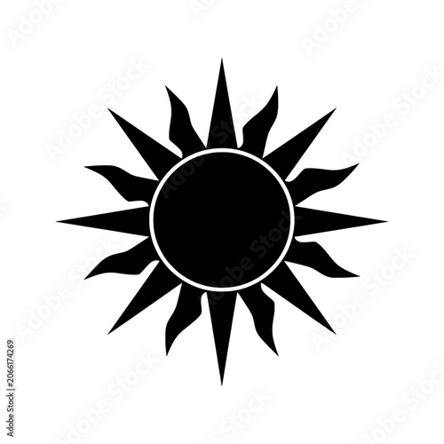 Sacred Sun symbol featuring geometric rays and circular harmony. Elegant black and white vector icon representing energy, life, and enlightenment.