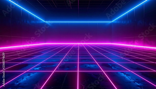 Neon grid background with blue and pink lights.