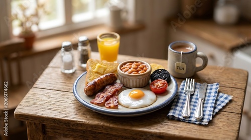 Delicious Full English Breakfast with Fried Egg, Bacon, Sausage, Beans, and Toast.