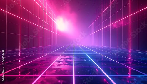 Neon Grid Background with Glowing Light.