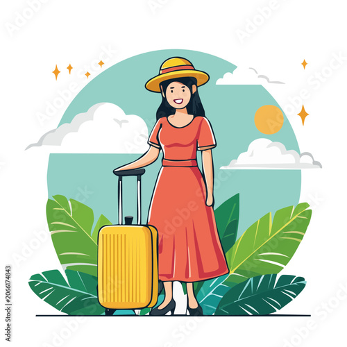 Woman with suitcase in summer travel illustration