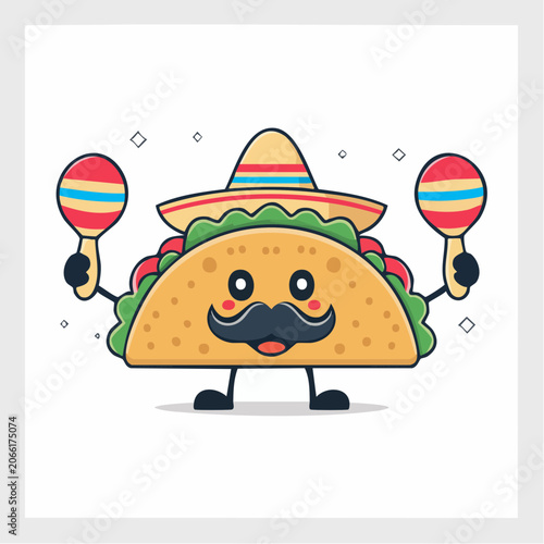 Cute Taco Character Wearing Sombrero and Playing Maracas