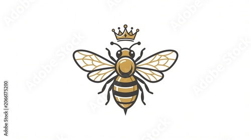Elegant Minimal Honey Bee Icon with Crown – Premium Symmetrical Vector Illustration on White Background, Royal Nature Symbol Design