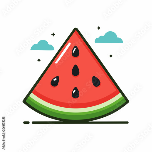 Slice of Watermelon with Seeds and Clouds