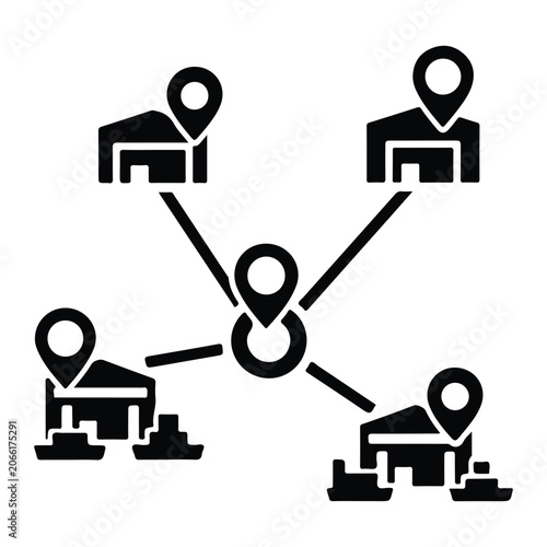 Logistics network with connected locations, black on white