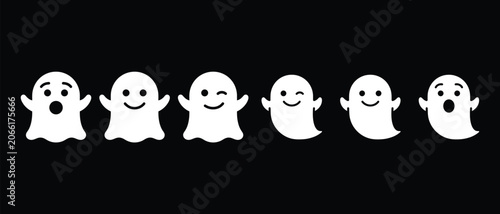 Halloween day ghosts emotions white silhouettes on black background
