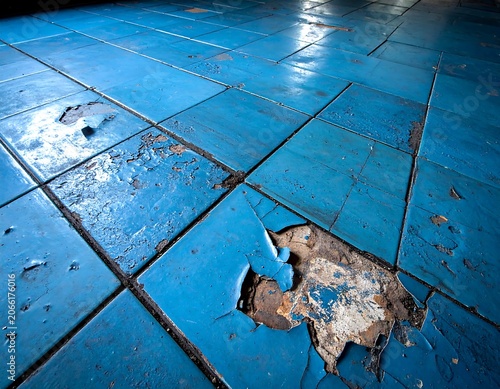 Worn, blue-painted tiles on a floor show peeling paint and damaged surfaces in a dilapidated space