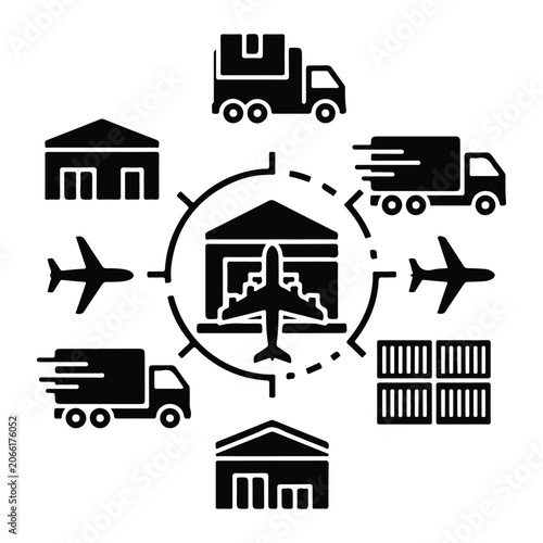 Logistics network with trucks, airplanes, warehouses, and shipping containers