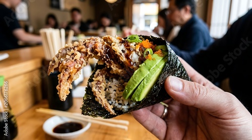 Close-up of a hand holding a delicious soft-shell crab hand roll with avocado and seaweed.