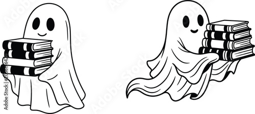 Halloween day ghost with books stack illustration spooky reading concept for october 31st celebrations