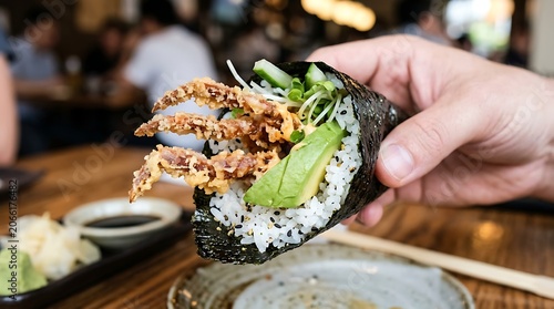 Hand Holding a Delicious Soft Shell Crab Sushi Hand Roll.