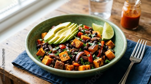 Healthy Sweet Potato Black Bean Bowl with Avocado and Lime.