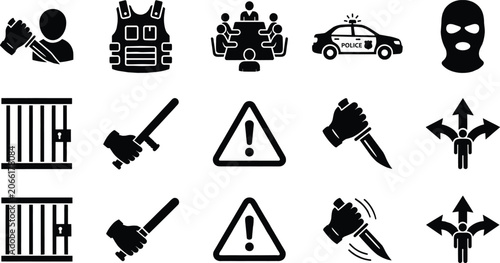 Fotografia Set of crime and law enforcement icons featuring police gear detention centers tactical team and weapons