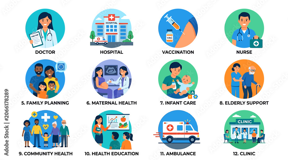 Fototapeta premium Medical professionals providing healthcare services at hospital and clinic facilities with doctors nurses and community health workers.