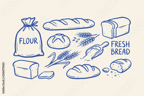 Foto Hand drawn doodle set of fresh bread wheat flour bag and bakery ingredients in a